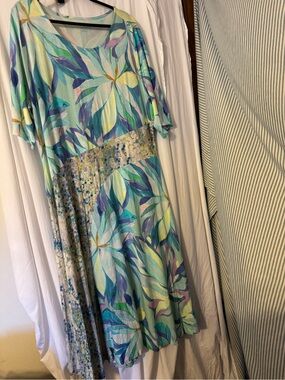 Soft Surroundings Floral Leaf Print Scoop Neck Women's DressTeal & Blue. Size 3X